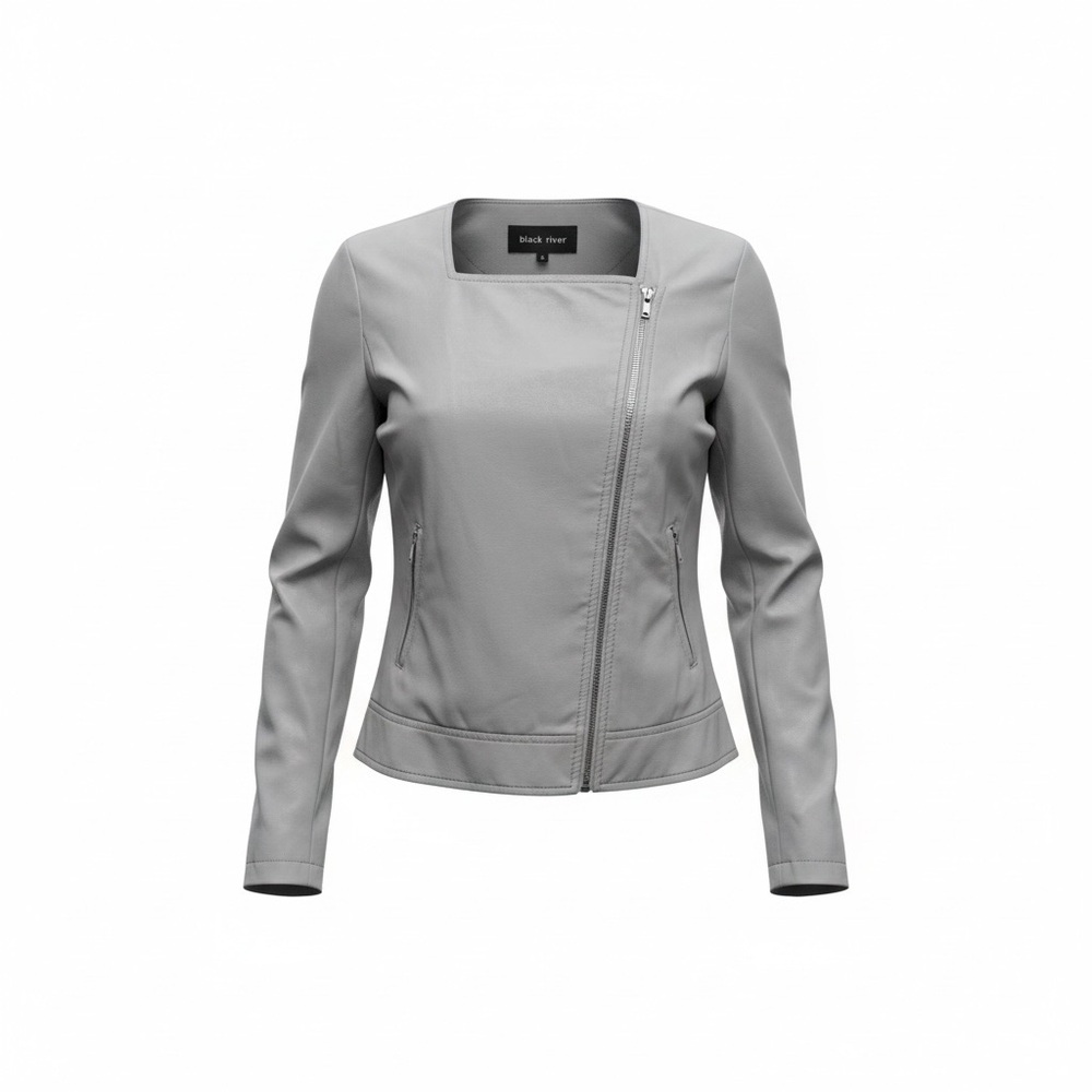 Black Rivet Gray Faux Leather Zipper Pockets Bomber Biker Jacket Women’s Small